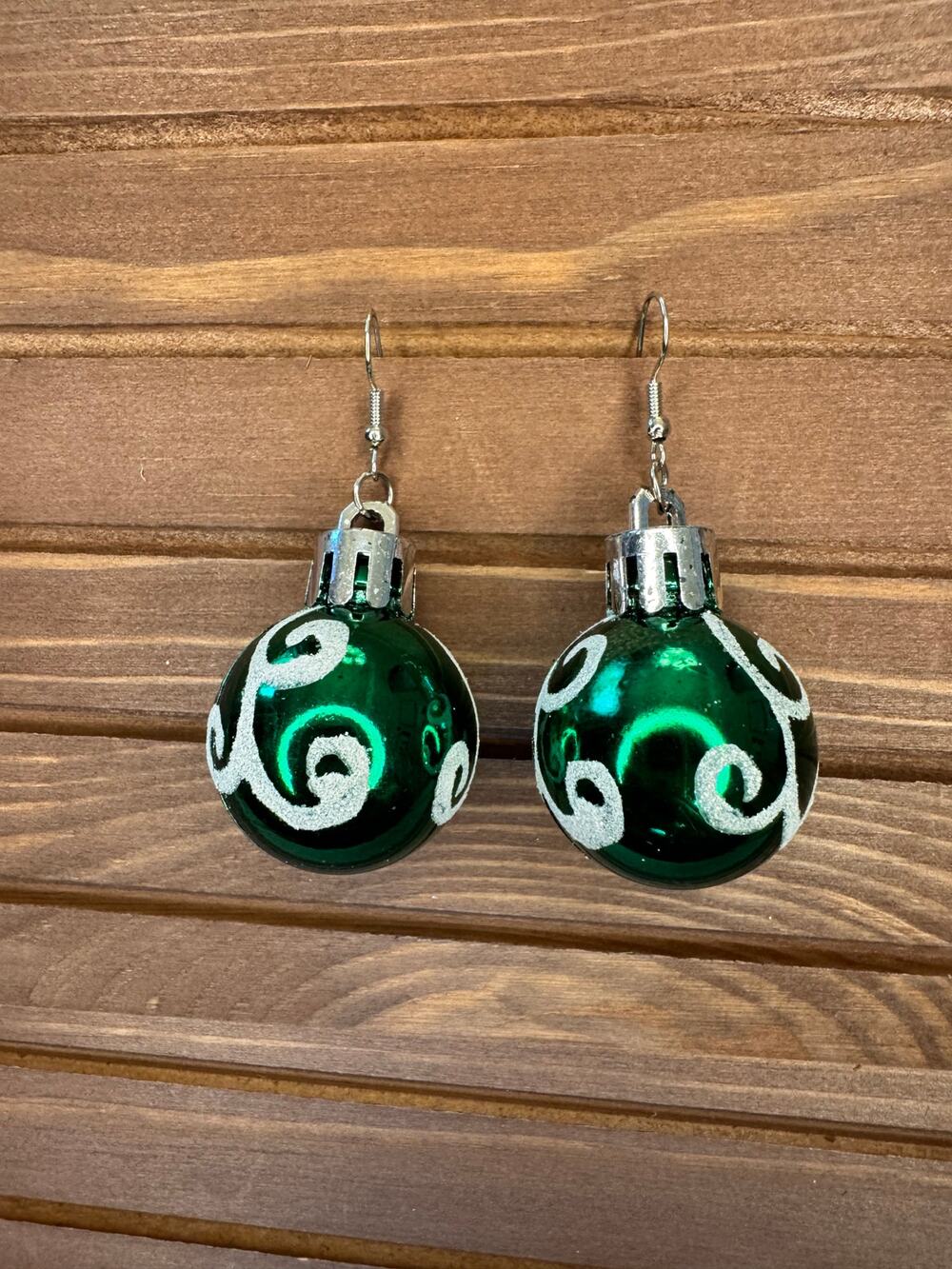 Green Christmas Ornament Earrings Retro Christmas Green White Snow Earrings